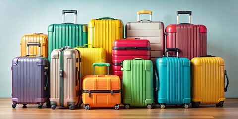 Suitcases in different sizes and colors packed and ready for summer vacation, travel, holidays, luggage, suitcases