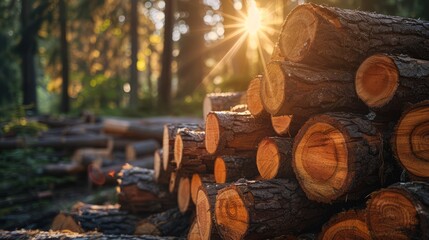 Stack of freshly cut logs in a forest during sunset