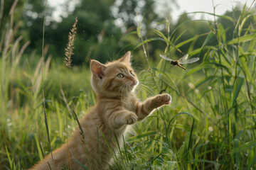 Wall Mural - a orange kitten in tall grass leaping at a dragonfly 