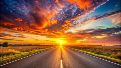 Wall Mural - Vibrant sunset casting a warm glow over a road , sunset, road, dusk, evening, sky, clouds, colorful, landscape, travel