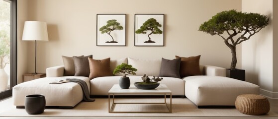 A modern living room featuring minimalist decor, a comfortable sectional sofa, and serene ambiance. The room is well-lit with natural light and a potted plant adds a touch of greenery.