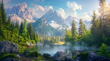 Poster - Sunrise over a Tranquil Mountain Lake