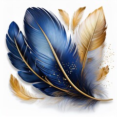 Set of Luxury Indigo Blue and golden bird feather isolated on white background. glow effect.	