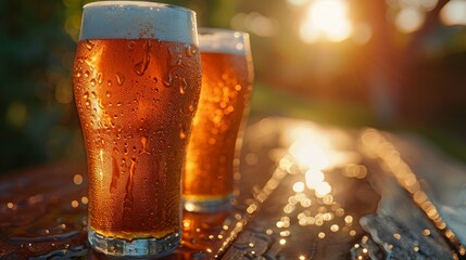 Two cold glasses of beer on a wooden table in a garden