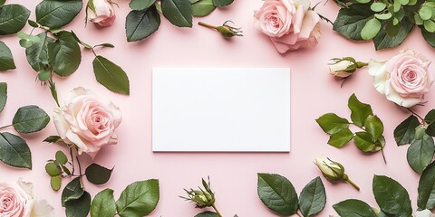 Wall Mural - A white card in the middle, surrounded by roses and leaves, generative AI