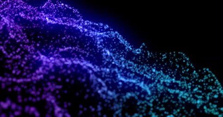 Leinwandbilder - Animation, data ocean and networking with blue particles on black background for communication. Digital stream, future and graphic with cloud computing or information technology in dark cyberspace
