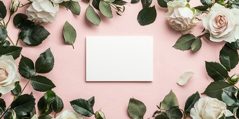 Poster - A white card in the middle, surrounded by roses and leaves, generative AI