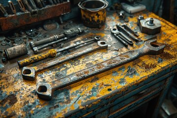 Vintage Rusty Labor Tools on Wooden Table - Top View