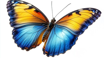 Colorful Butterfly with Blue, Yellow, and Orange Wings in Flight, Isolated - Generative AI