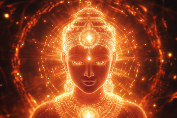 A digital wireframe polygon illustration of Maa Durga, showcasing the goddess with intricate lines and points in a technological style.
