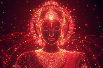 A digital wireframe polygon illustration of Maa Durga, showcasing the goddess with intricate lines and points in a technological style.
