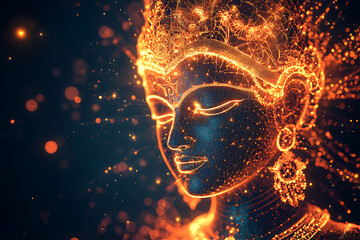 A digital wireframe polygon illustration of Maa Durga, showcasing the goddess with intricate lines and points in a technological style.
