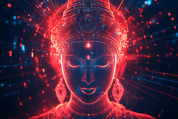 A digital wireframe polygon illustration of Maa Durga, showcasing the goddess with intricate lines and points in a technological style.
