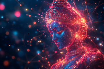 A digital wireframe polygon illustration of Maa Durga, showcasing the goddess with intricate lines and points in a technological style.
