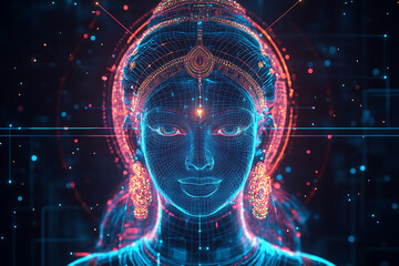 A digital wireframe polygon illustration of Maa Durga, showcasing the goddess with intricate lines and points in a technological style.
