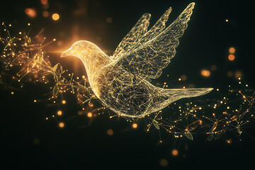 A digital wireframe polygon illustration of a dove holding an olive branch, featuring intricate lines and points in a technological style.
