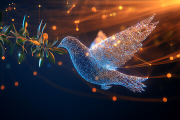 A digital wireframe polygon illustration of a dove holding an olive branch, featuring intricate lines and points in a technological style.
