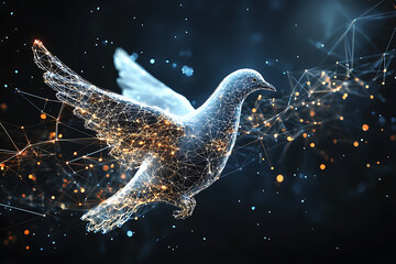 A digital wireframe polygon illustration of a dove holding an olive branch, featuring intricate lines and points in a technological style.
