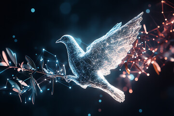 A digital wireframe polygon illustration of a dove holding an olive branch, featuring intricate lines and points in a technological style.

