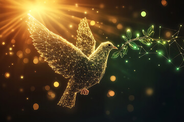 A digital wireframe polygon illustration of a dove holding an olive branch, featuring intricate lines and points in a technological style.
