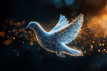 A digital wireframe polygon illustration of a dove holding an olive branch, featuring intricate lines and points in a technological style.
