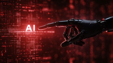 Digital hand is pointing at the glowing word AI with letters surrounded by a dark grey and black background with subtle geometric patterns. The robot, finger, resting, AI symbol