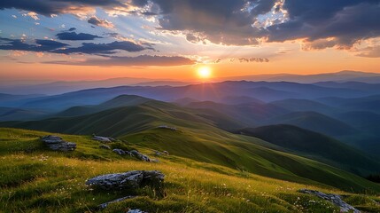 Wall Mural - Mountain Sunset Landscape with Layers of Hills