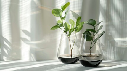 Two Green Plant Sprigs in Glass Vases with Black Water on a White Surface