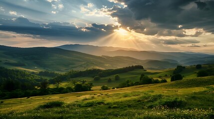 Sticker - Sunrays Illuminating Rolling Hills at Sunset