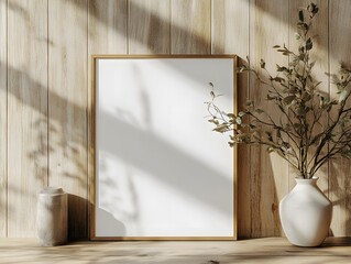 Minimalist white poster mockup placed on a light wooden wall, with subtle texture