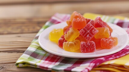 Colorful gummy candies on plate placed checkered cloth