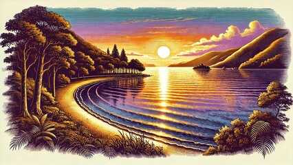 Wall Mural - Sunset over the lake sky sunset landscape nature water sun sea tree ocean cloud sunrise blue lake light night. Sunset over the lake clouds summer forest green river sunlight horizon island.