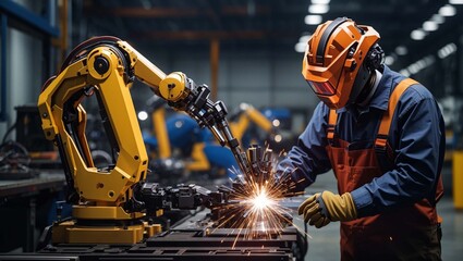 A worker wearing a welding mask and protective gear is working with a robotic arm in a factory