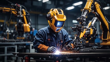 A worker wearing a welding mask and protective gear is working with a robotic arm in a factory