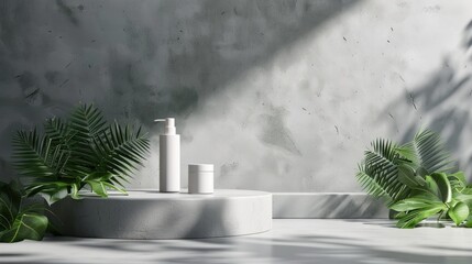 Wall Mural - Modern product presentation on gray background with copy space, featuring concrete pedestal and green foliage. Beauty and skincare product display.