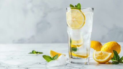 Wall Mural - Refreshing lemon water with ice in glass, garnished mint