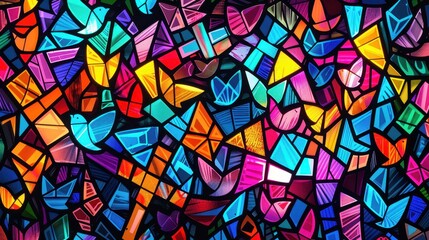 Wall Mural - Vibrant stained glass artwork features colorful butterflies and birds illuminated by sunlight