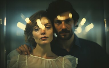 Romantic and cinematic portrait of a couple with dramatic lighting and a moody atmosphere.