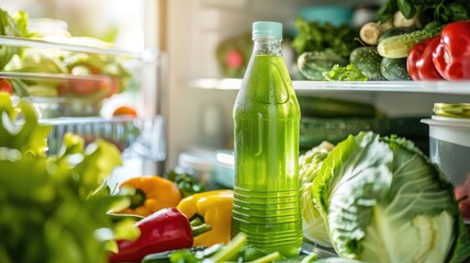 Wall Mural - Fresh vegetables and green smoothie bottle in fridge