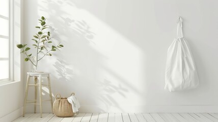 Wall Mural - Minimalist interior with natural light, white walls, plants, and decor