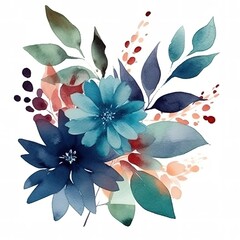 Watercolor painting of blue flowers and leaves on white background.