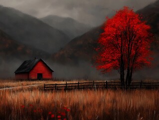 Sticker - An autumn landscape in the countryside with mist and fog. 