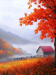 Wall Mural - An autumn landscape in the countryside with mist and fog. 