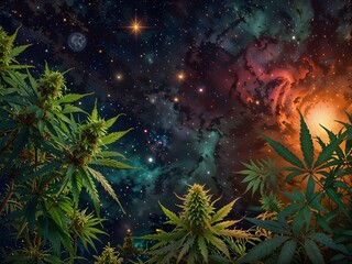 cannabis plants in the moonlit night starry sky, room for text