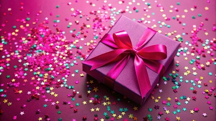 Vibrant magenta gift box with ribbon and bow surrounded by confetti, magenta, gift, box, ribbon, bow, confetti, celebration