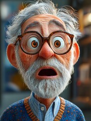 A 3d cartoon style senior man with a shocked expression. 