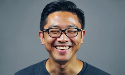 Wall Mural - Portrait of a smiling asian man wearing eyeglasses on grey background