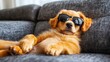© Tisit - Golden Relaxation: A golden retriever puppy, sporting stylish shades, lounges on a comfortable couch, embodying pure canine contentment.