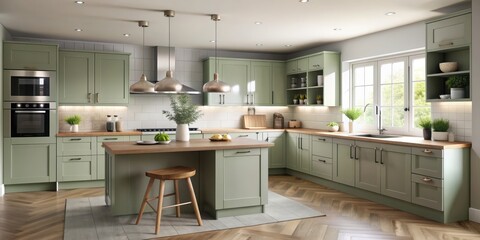 Modern kitchen with soft gray cabinetry and sage green accents for a serene and organic vibe , contemporary