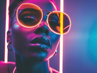 Wall Mural - Woman in Neon Light with Sunglasses.